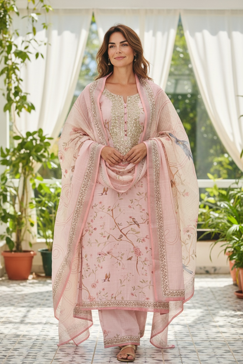 ISSHRA PINK EMBROIDERED PRINTED SEMI STITCHED KURTA SET