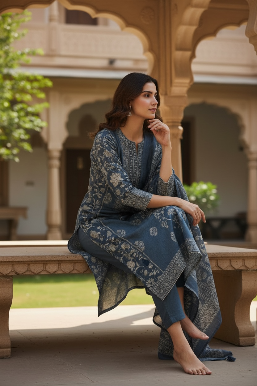 ISSHRA BLUE PRINTED SEMI STITCHED KURTA SET