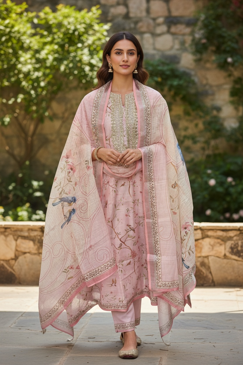 ISSHRA PINK EMBROIDERED PRINTED SEMI STITCHED KURTA SET