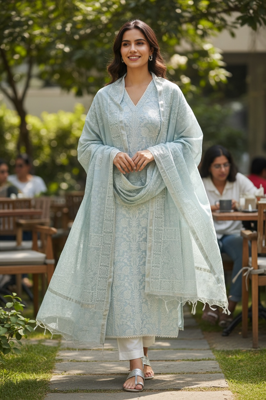 ISSHRA BLUE EMBROIDERED PRINTED SEMI STITCHED KURTA SET
