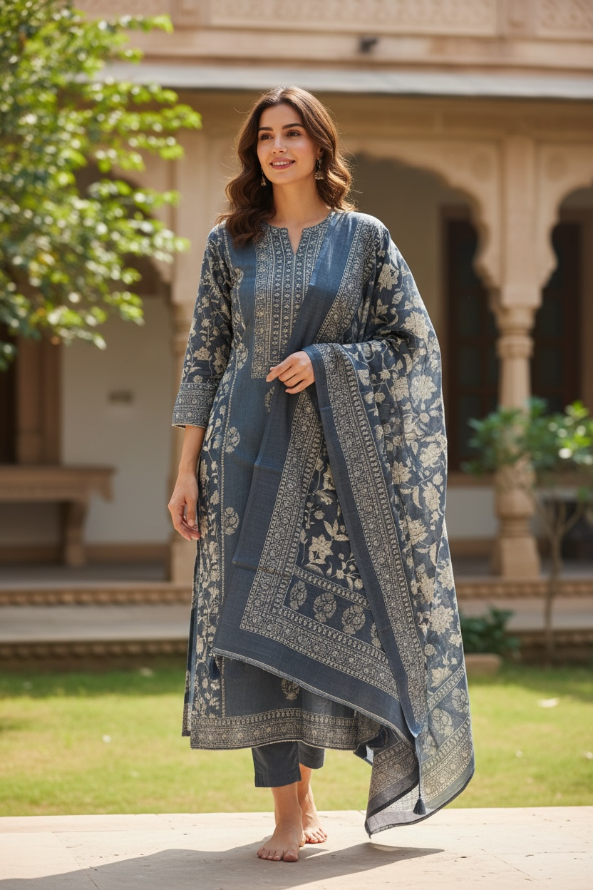 ISSHRA BLUE PRINTED SEMI STITCHED KURTA SET