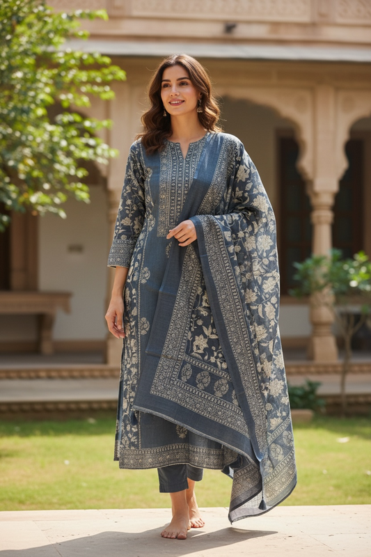 ISSHRA BLUE PRINTED SEMI STITCHED KURTA SET